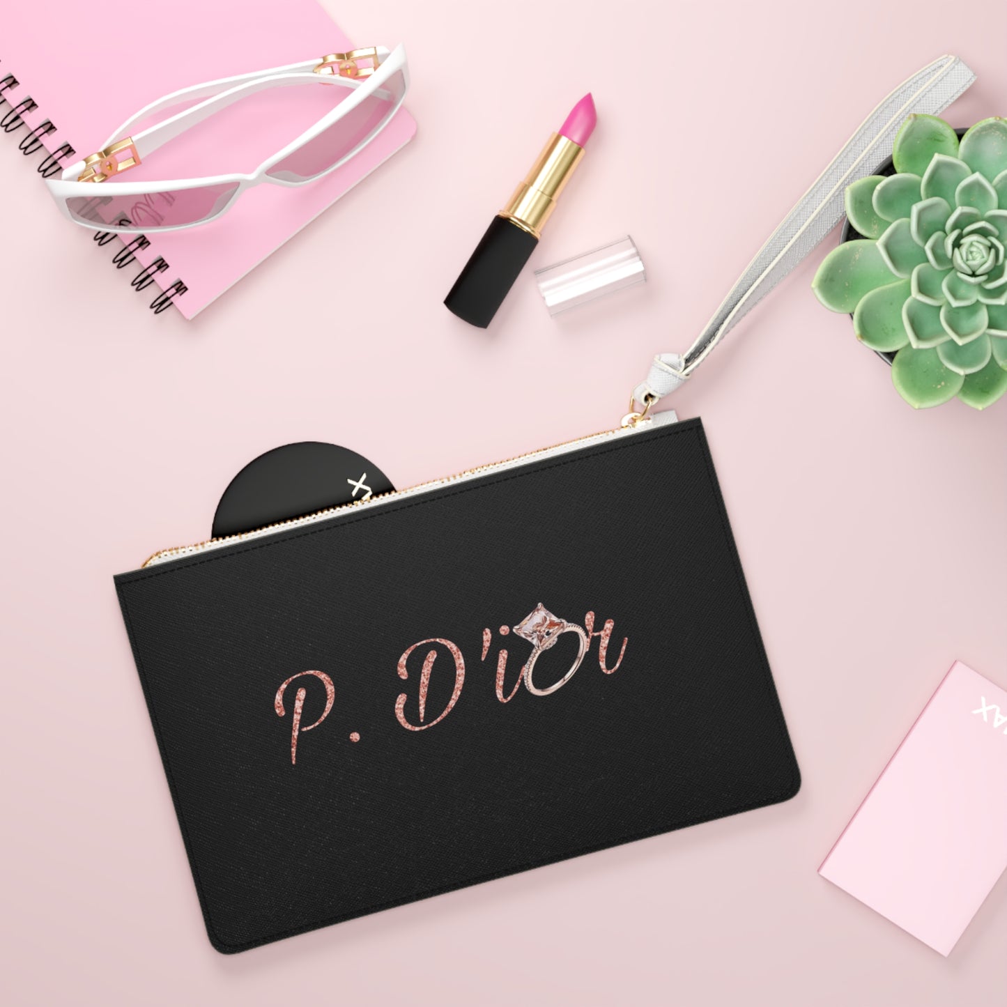 Clutch Bag with Rose Gold 'P. D'ior' Script and Gem Accent
